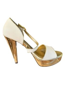 Like New Colin Stuart Platform T-Strap High Heel Gold Cream Women Size 7.5